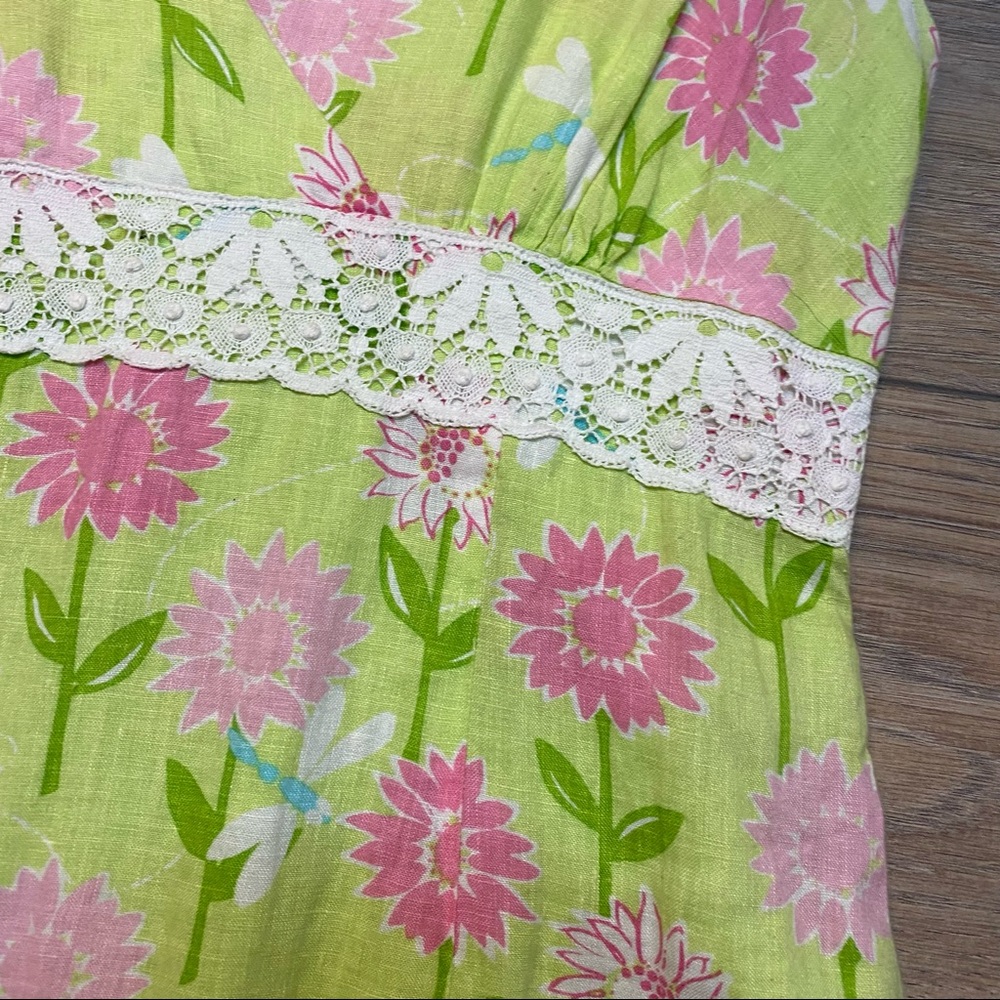 LILLY PULITZER vintage white tag green and pink floral v-neck linen dress 6 - Picture 4 of 10